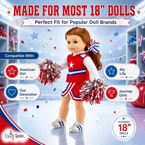 Vista 6 de Emily Rose Traje de animadora de muñeca de 18 pulgadas, sin muñeca, juego completo de uniforme de animadora de 7 piezas con pompones, zapatos, lazo