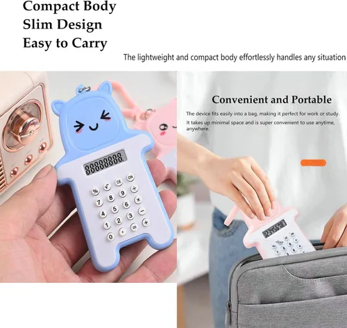 Vista 5 de Paquete de 6 mini calculadoras digitales con llavero bonito, pantalla LCD de 8 dígitos, diseño de dibujos animados, portátil para la escuela