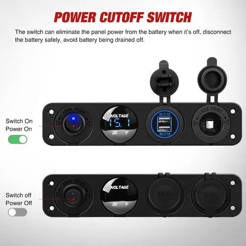 Vista 2 de Nilight - Panel de enchufe de salida 4 en 1, 12V CC, 4.8A, voltímetro LED, interruptor basculante de encendido y apagado con luz, encendedor