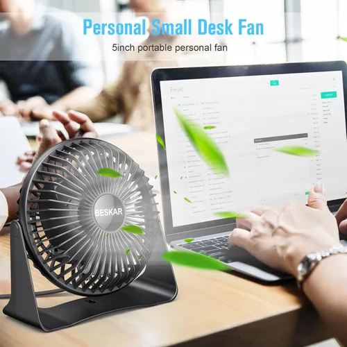 Vista 3 de BESKAR Ventilador de escritorio pequeño USB, ventiladores portátiles con 3 velocidades de flujo de aire fuerte, funcionamiento silencioso y rotación