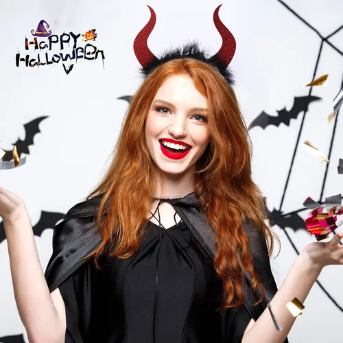 Vista 5 de Diadema de Halloween con cuernos de diablo con purpurina para adultos y niños, cuerno de diablo para fiesta de Halloween