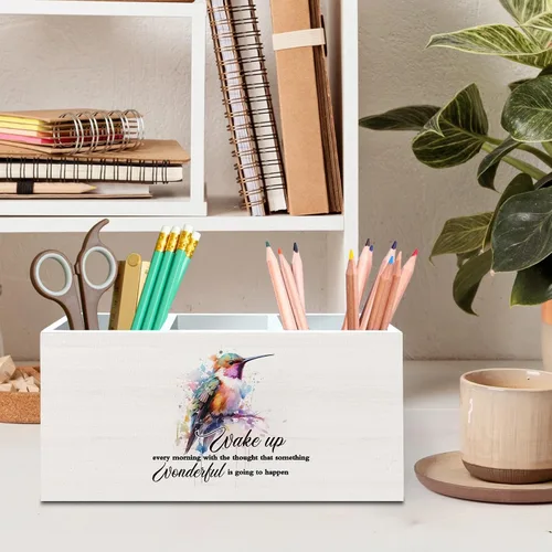 Vista 2 de DILSJ Hummingbird - Organizador de lápices inspirador para escritorio, regalos inspiradores para mujeres, citas motivacionales, caja de madera