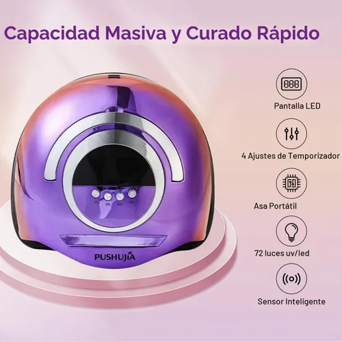 Vista 4 de Lámpara de uñas profesional de 300 W, secado rápido, sensor de movimiento automático, 4 ajustes de temporizador, cobertura uniforme de 72 LED