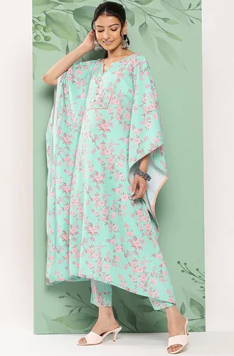 Vista 5 de Janasya Kaftan indio con estampado digital de crepé verde mar con pantalones para mujer