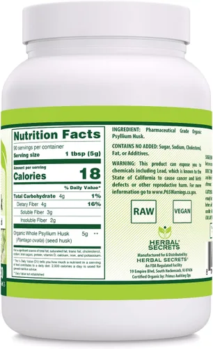 Vista 2 de Herbal Secrets Suplemento en polvo de cáscara de psyllium entera, 0.18 onzas por porción, sin OMG, sin gluten, fabricado en Estados Unidos