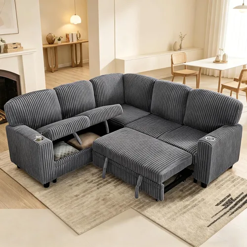 Vista 13 de ERYE Sofá cama convertible en forma de L con sofá cama extraíble, sofá modular de pana de felpa de 81 pulgadas con esquina simétrica sofá cama