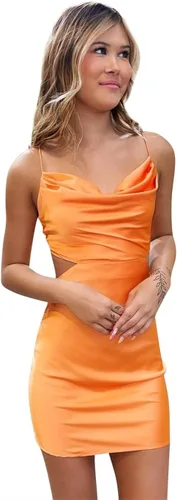 Vista 4 de Vestido corto de fiesta con cuello redondo para adolescentes, tirantes delgados, vestidos de cóctel, vestidos de fiesta de noche