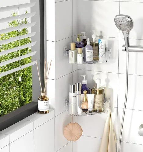 Vista 7 de Organizador esquinero para ducha, paquete de 3 unidades, acrílico transparente Large Capacity, Corner Shower Shelves with Soap Holder and Hooks