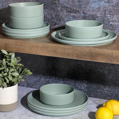 Vista 6 de Gibson Home Canyon Crest - Juego de melamina mate apilable - Verde salvia, servicio para cuatro (12 piezas)