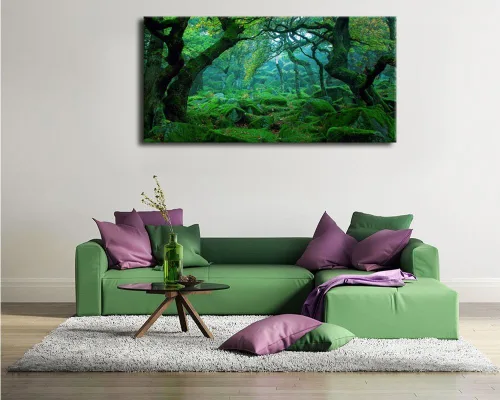 Vista 3 de Lienzo de bosque verde para pared, decoración de sala de estar, árboles grandes, imagen de naturaleza, lienzo moderno y grande, arte de madera