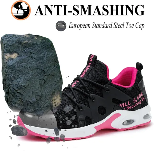 Vista 2 de LANSNBO Zapatos de punta de acero para mujer, zapatos de trabajo de seguridad indestructibles, con amortiguación de aire, ligeros, transpirables