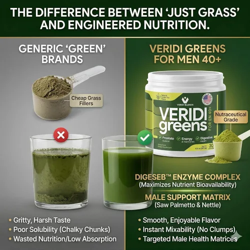 Vista 3 de Veridi Greens for Men 40+ Superalimento en polvo con palma enana americana 200 mg y espirulina Salud diaria de la próstata, flujo urinario