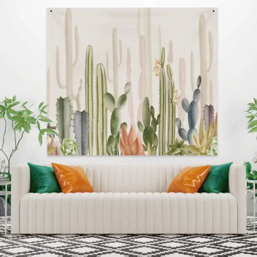 Vista 2 de Haoyiyi Tapiz de cactus de 70.9 x 63 pulgadas para colgar en la pared, plantas silvestres verdes, anime, desierto, fuerte vitalidad, varios cactus