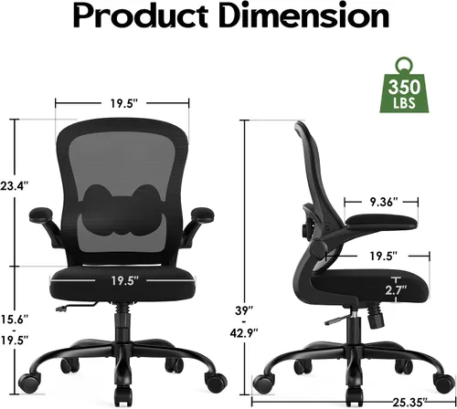 Vista 2 de Silla de oficina ergonómica – Silla de escritorio ergonómica – Silla de oficina cómoda de malla para el hogar con ruedas, soporte lumbar ajustable
