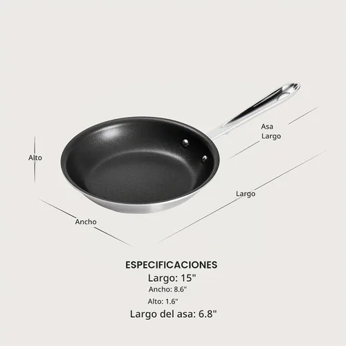 Vista 4 de All-Clad D5 - Sartén antiadherente profesional de acero inoxidable cepillado de 8 pulgadas, sartén de acero inoxidable de 5 capas, inducción, apta
