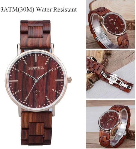 Vista 6 de BEWELL Wooden Watches for Men Women Slim Analog Quartz Minimalist Couple Wrist Watch W163A