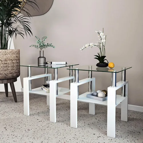 Vista 11 de Mesa auxiliar moderna de vidrio templado, mesa de centro cuadrada para sala de estar, mesa de té de cristal, mesa auxiliar de sofá (negro, 1 unidad)