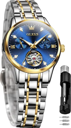 Vista 12 de OLEVS Relojes para mujer, pulsera de cerámica mecánica de cuerda automática, regalo del día del corazón Azul