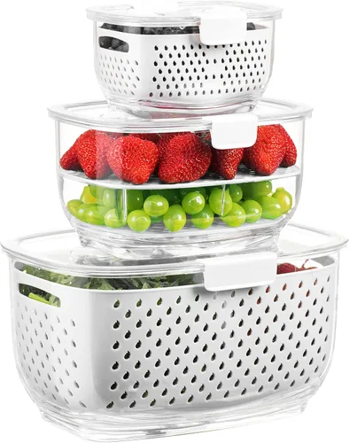 Vista 9 de LUXEAR Juego de 3 unidades de contenedores de almacenamiento de frutas y vegetales frescos, contenedor de almacenamiento de refrigerador sin BPA