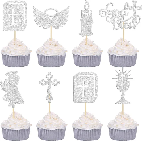Vista 14 de Gyufise Decoración para pastel de primera comunión para bautismo cristiano, decoración religiosa de Dios bendiga Baby Shower para niños, decoración