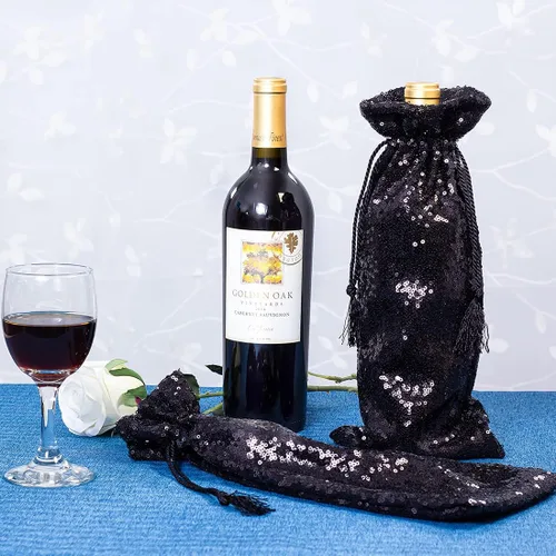 Vista 3 de Eternal Beauty 4 bolsas de vino con cordón, cubierta de botella de lentejuelas para bodas de cumpleaños (14 x 6 pulgadas, negro)
