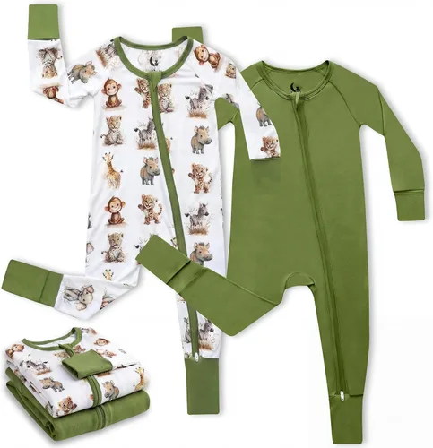 Vista 23 de Pijama de viscosa de bambú con cremallera de 2 vías para cambio de pañal, 0 a 24 meses, suave y elástico, paquete de 2 Oso azul