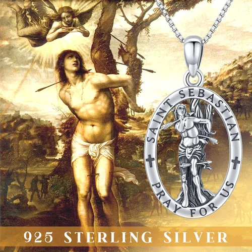 Vista 6 de Brisskaari Collar ovalado de San Sebastián con colgante de San Patriciomedallón de foto personalizadapulsera para atletas y soldados en plata de ley