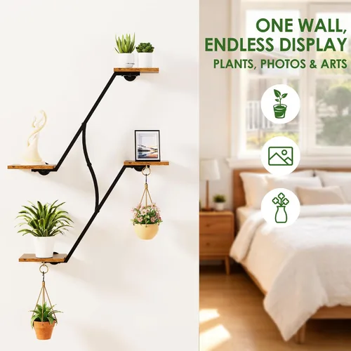 Vista 3 de Wall Plant Shelf, 2 Pack 3-Tier Plant Stand with Hanging Rings, Black