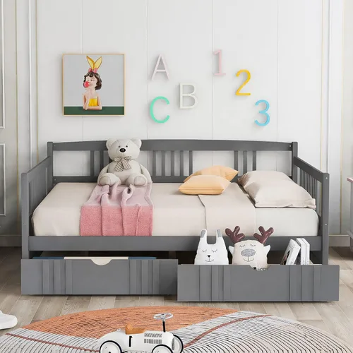 Vista 8 de P PURLOVE Sofá cama individual de madera con rieles, cama individual, listones de madera que soportan la vida moderna, individual, espresso