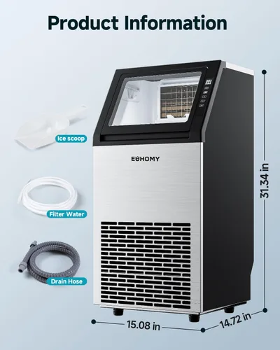 Vista 8 de EUHOMY Máquina comercial para hacer hielo, máquina de hielo de acero inoxidable de 100 libras/24 horas debajo del mostrador con contenedor