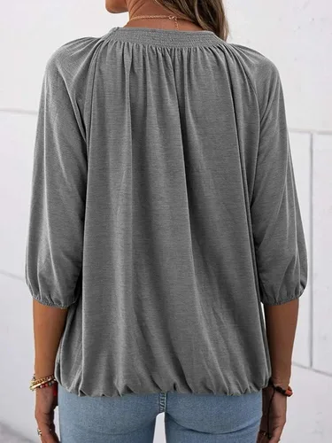 Vista 3 de Grlasen Blusa de algodón con cuello redondo para mujer, manga 34, casual, holgada, básica, plisada