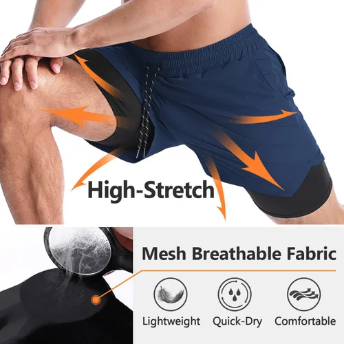 Vista 3 de Aolesy Pantalones cortos de correr 2 en 1 para hombre, pantalones cortos deportivos de entrenamiento para hombre, de secado rápido, ligeros