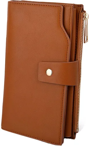 Vista 21 de UTO Cartera de cuero vegano para mujer, cartera larga con broche de presión, tarjetero de crédito, elegante embrague 0153 Gris