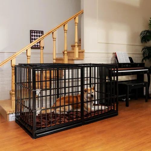 Vista 6 de Jaula para perros de acero al carbono resistente con puertas dobles, bandeja de ABS extraíble, acabado resistente al óxido para razas grandes