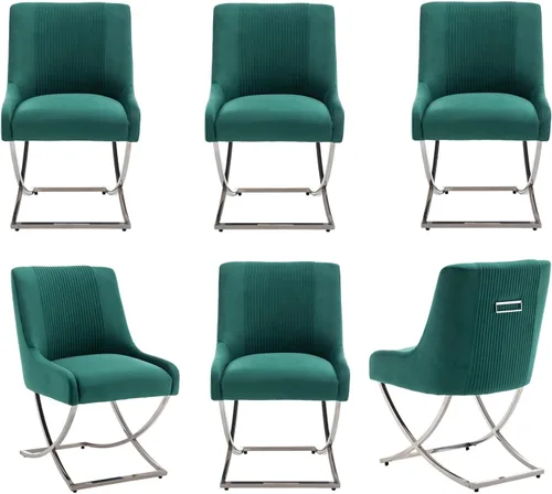 Vista 8 de Juego de 2 sillas de cocina y comedor, de terciopelo tapizado moderno, sillas de metal copetudas contemporáneas con patas plateadas en forma de X