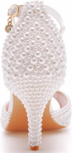 Vista 5 de Crystal Queen Sandalias de tacón de aguja de 3 pulgadas con perlas, puntera abierta, para novia, boda, fiesta, vestido, zapatos de mujer, sandalias