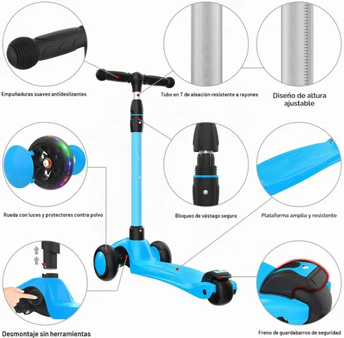 Vista 2 de Allek - Kick Scooter B03. Monopatín de 3 ruedas con ruedas de PU extra anchas y luminosas, sistema Lean 'N Glide, manillar ajustable a cualquier