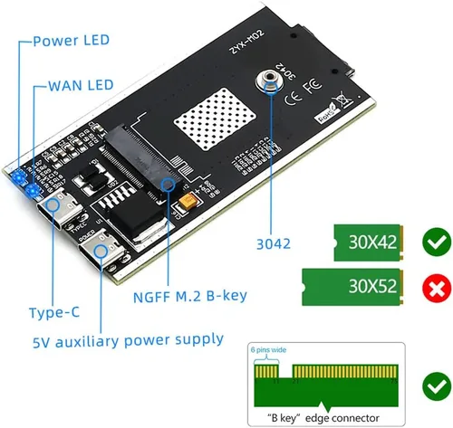Vista 2 de HLT Adaptador NGFF (M.2) a USB 2.0 (tipo C) con ranura para tarjeta SIM e interfaz de alimentación auxiliar para módulo WWAN/LTE