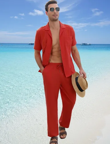 Vista 2 de TURETRENDY Conjunto de 2 piezas de lino para hombre, camisa bordada con botones y pantalones sueltos, color rojo ladrillo, talla XXL, Rojo ladrillo