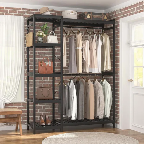 Vista 8 de Homykic Perchero de bambú para colgar ropa, perchero resistente con estantes ajustables de 7 niveles, varillas dobles, 4 ganchos, sistema de armario