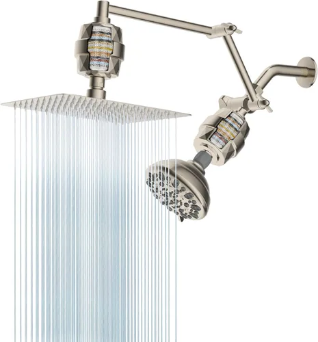 Vista 6 de Cabezal de ducha de metal, cabezal de ducha de mano doble de alta presión de 10 pulgadas con brazo de extensión de ducha ajustable de 16 pulgadas, 7