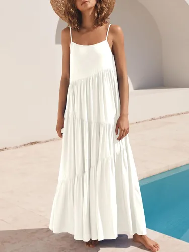 Vista 2 de ANRABESS - Vestido largo de verano para mujer, vestido de lino casual, holgado, sin mangas, con tirantes delgados y estilo bohemio, para playa