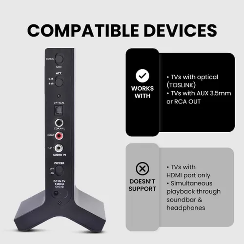 Vista 3 de Avantree HT280 - Auriculares inalámbricos para ver televisión con base de carga de transmisor RF de 2.4G, sistema óptico digital, auriculares