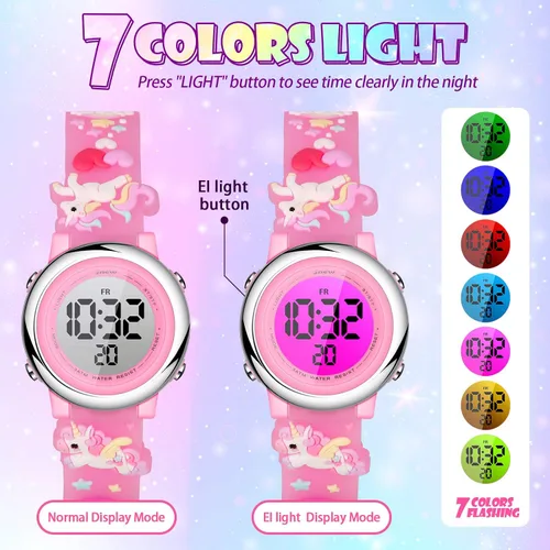 Vista 3 de 2 Pieces Kids Unicorn Watch Toddler Watch and Silicone Wristband Cute 3D Kids Digital Watch Waterproof 7 Color Lights Watch with Alarm Stopwatch