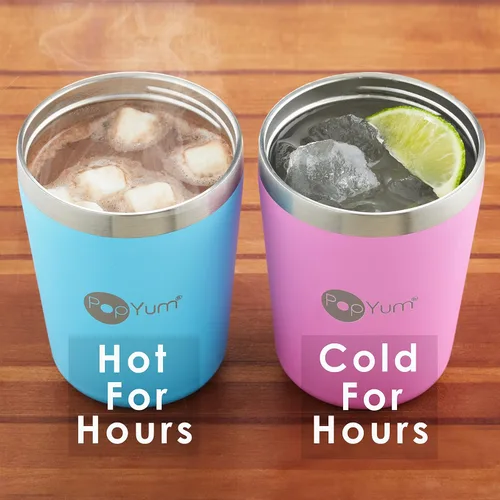 Vista 4 de PopYum - Vasos de acero inoxidable para niños, 9 onzas, morado, rosa, paquete de 2 Aislado, aspiradora de doble pared, tapa y pajilla, apilable, a