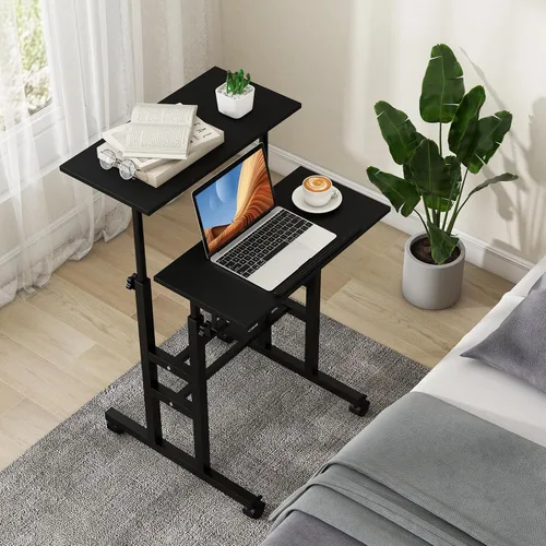Vista 2 de Tangkula Escritorio de pie móvil, escritorio portátil con ruedas Height-adjustable Standing Table w/Tilting Tabletop, Laptop Workstation w/Hanging
