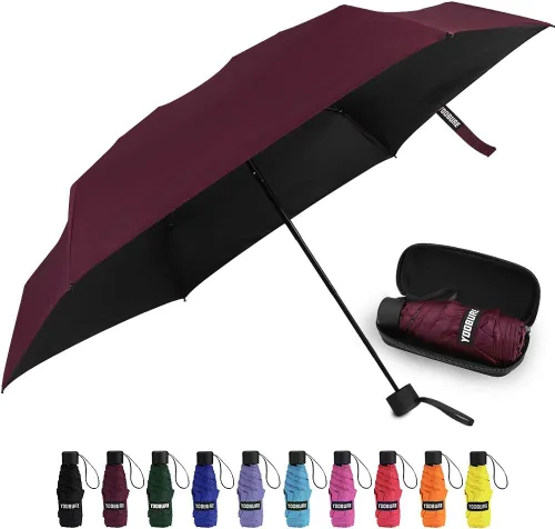 Vista 8 de Yoobure Mini Travel Umbrella with Case, Compact Folding Umbrella Flor de melocotón azul