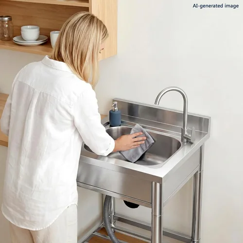Vista 8 de Juego de fregadero de cocina de restaurante comercial de acero inoxidable de pie independiente con grifo, lavabo de mano de lavado de preparación