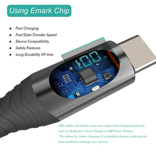 Vista 5 de Cable USB-C de 100 W [2 unidades, 4 pies/6.6 pies], carga súper rápida tipo C con pantalla LED, cable de carga USB C de 480 Mbps de nailon trenzado