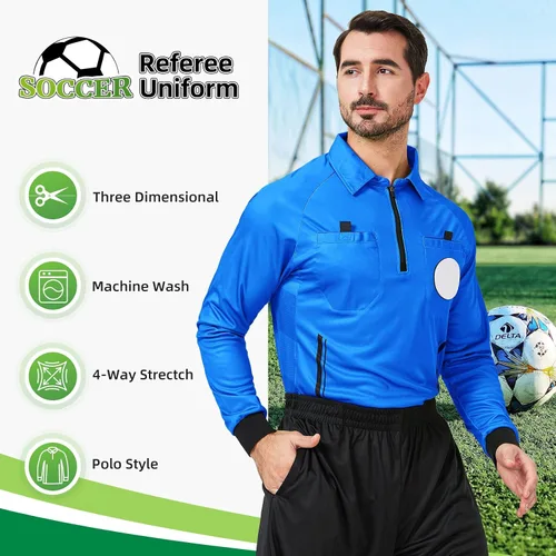 Vista 2 de CUTIEHON Camiseta de árbitro de fútbol, camiseta oficial de árbitro de fútbol profesional de manga larga, con un soporte para insignia y bolsillos